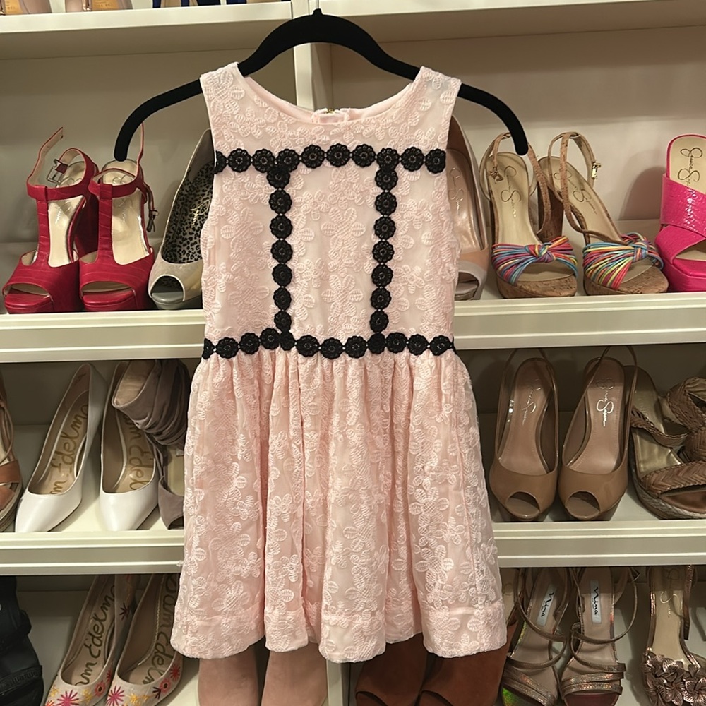 Kate Spade Elegant Pink Lace Kids Dress with Black Floral Accents